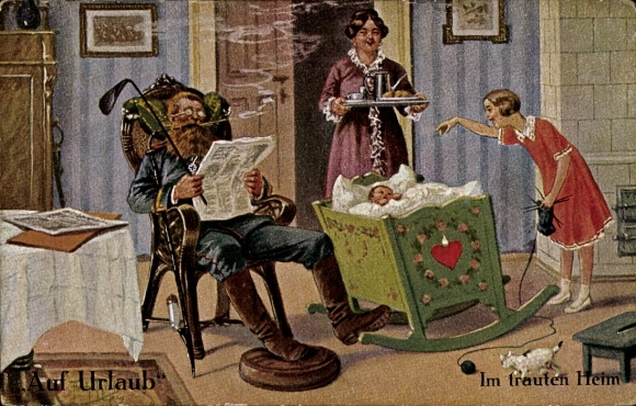 Kunstenaar Ak Thiele, Arthur, Op vakantie, In het gezellige huis, Soldaat, Pijp, Familie, Wieg