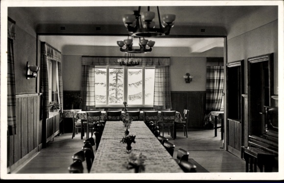 Ak Ludwigshafen am Bodensee, eetkamer met tafel, raamzicht, helderheid, houten lambrisering, gezellig