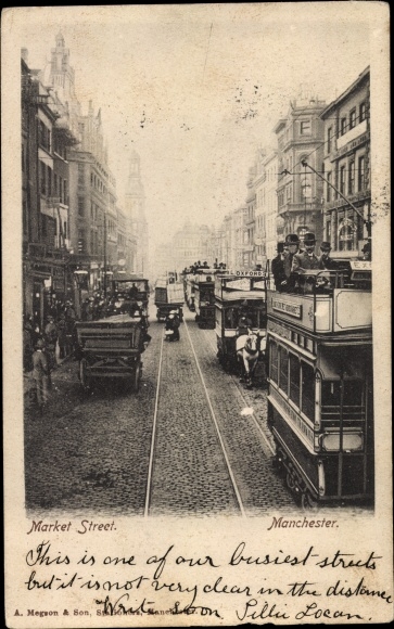 Postcard Manchester England, Market Street Traffic, Trams