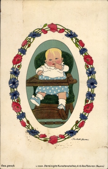 Artist Postcard Caspari, Gertrud, Little Boy in a Child Seat, Infant Protection Association Ulm