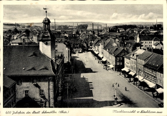 Postwaardestuk Ak Schmölln in Thüringen, zicht op de markt vanaf de kerktoren, 600ste verjaardag van de stad