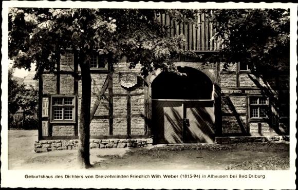 Postcard Alhausen Bad Driburg in Westphalia, birthplace of the poet Friedrich Wilh. Weber, half-timbered house
