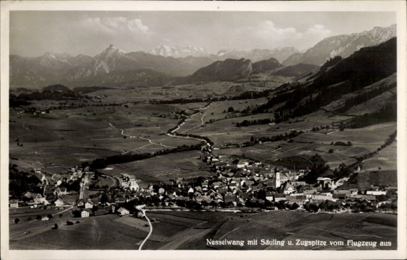 Postcard Nesselwang in Allgäu, aerial photograph, Säuling, Zugspitze