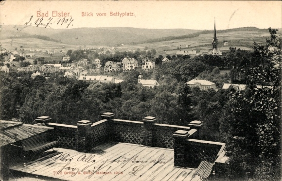 Postcard Bad Elster in Vogtland, view from Bettyplatz, cityscape, church in the background