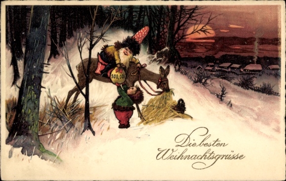 Ak Glückwunsch Weihnachten, Zwerge, Geldsack, Reh