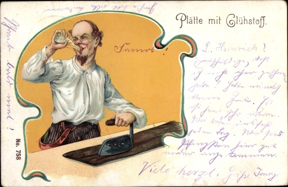 Artist Postcard plate with glow material, advertising, man ironing
