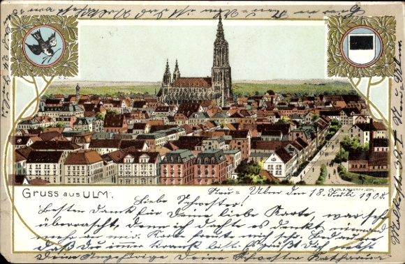 Coat of arms lithograph Ulm on the Danube, panorama, cathedral, sparrow