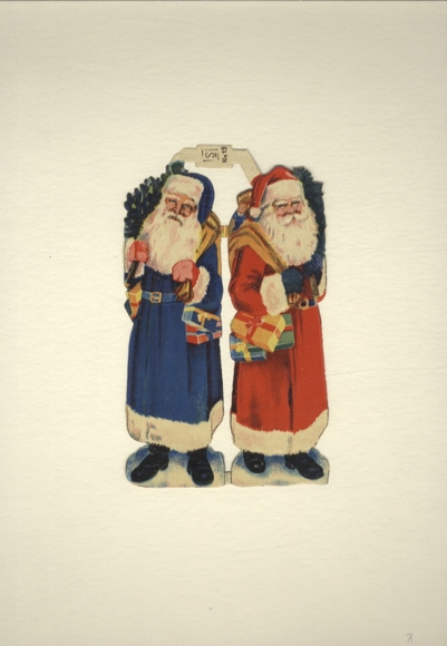 Wafer block of 2, S No. 19, 2 Santa Clauses, red and blue coat, gifts, size approx. 15.5 x 9