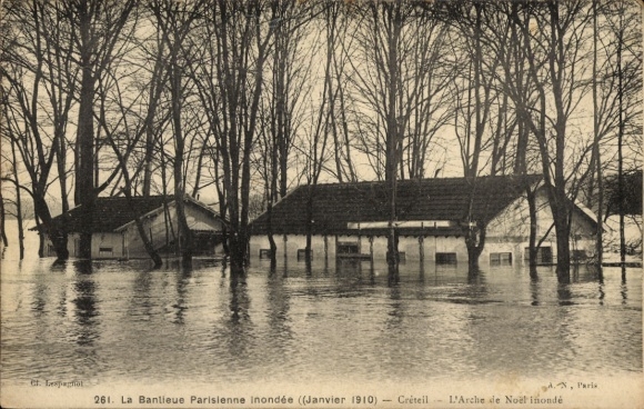 Ak Créteil Val de Marne, Überflutete Häuser, Bäume, Januar 1910,  L'Arche de Noël