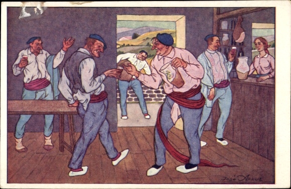Künstler Ak Spanien, Männer in einem Gasthaus