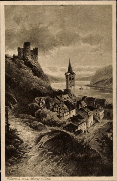 Künstler Ak Wellmich, St. Goarshausen am Rhein, Burg Maus, Gesamtansicht