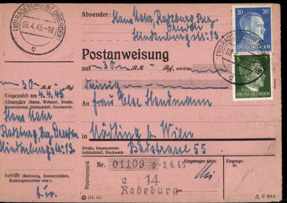 PAW 784, 791 "(10) Radeburg (Bz. Dresden) 3.4.45" with postal code