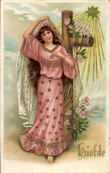 Präge Ak Allegorie, Liebe, Junge Frau, Kreuz, Stern