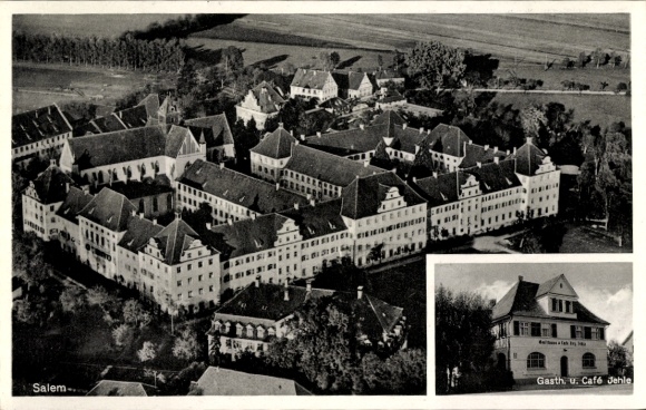 Postcard Salem in the Bodenseekreis Baden, castle, aerial photograph, restaurant and cafe Jehle
