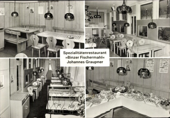 Postcard Seebad Binz on Rügen, specialty restaurant, Binz Fisherman's Feast, Johannes Graupner, interior...