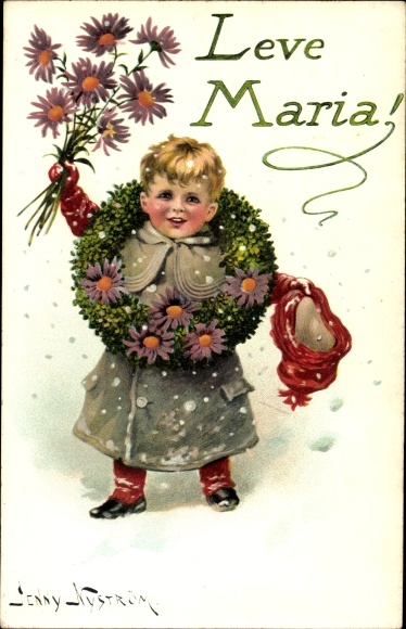 Artist PC Nyström, J., Child with bouquet and wreath of flowers