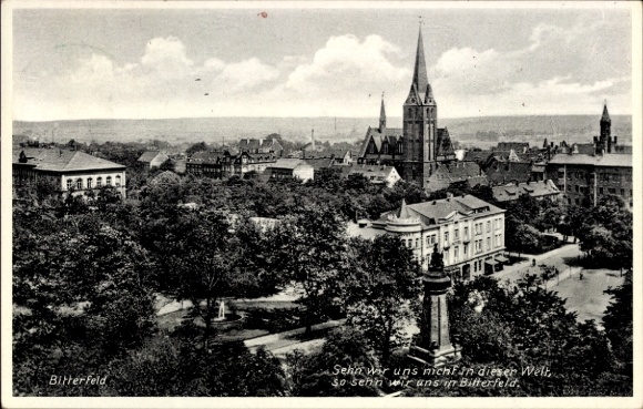 Postcard Bitterfeld in Saxony-Anhalt, city view, church, building, nature,