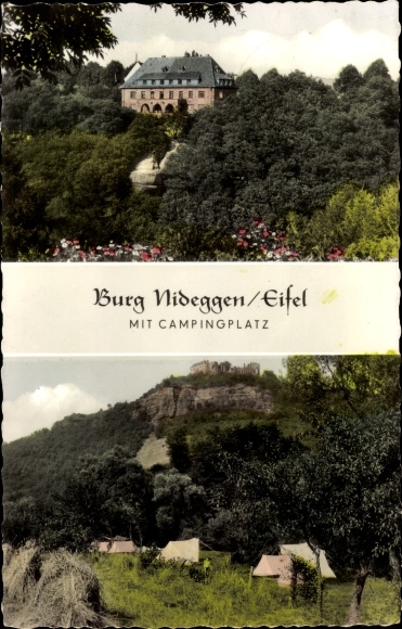 Postcard Nideggen in the Eifel, Nideggen Castle, campsite