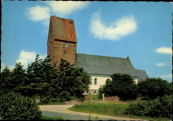 Ak Keitum op Sylt, St. Severinkerk, architectuur, toren, bomen, landschap