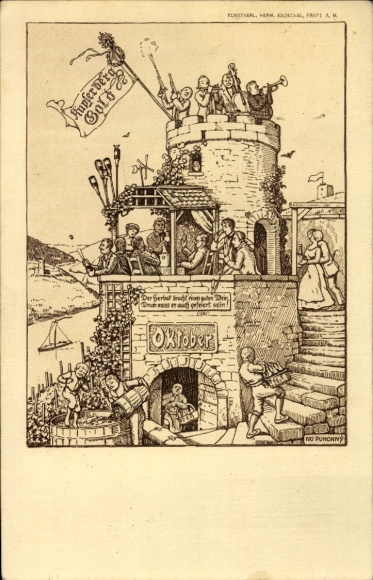 Artist Postcard Kupferberg Gold, month of October, grape harvest, musicians on a tower
