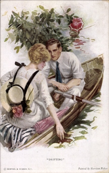 Artist Postcard Fisher, Harrison, Drifting, Lovers in a Rowboat