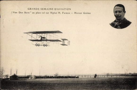 Postcard Flight Week, Van den Born with biplane