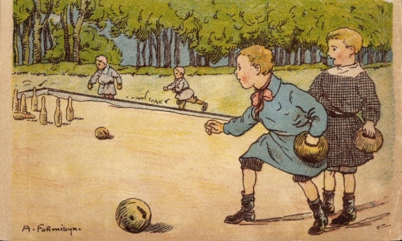 Artist Postcard Children Bowling