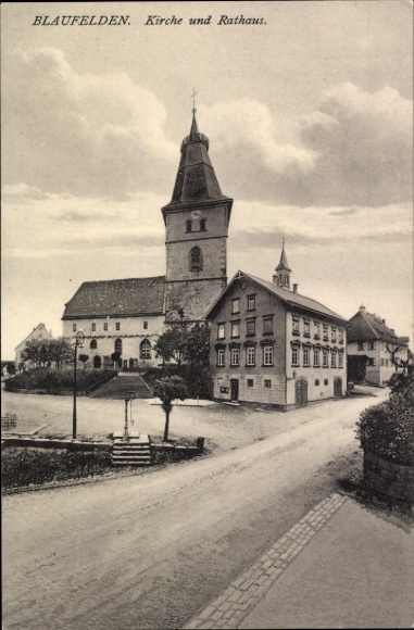 Postcard Blaufelden in Württemberg, church and town hall, architecture, rural scene