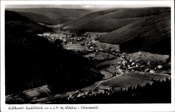 Postcard Bad Wildbad in the Black Forest, climatic health resort Enaklosterle, landscape photograph, black and white photo