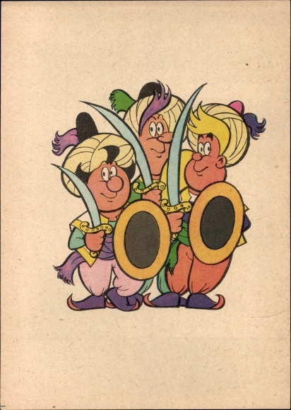 Postcard Digedags, robbers, sabers, GDR cartoon, comic