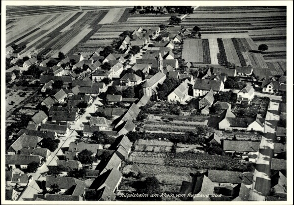 Postcard Hügelsheim am Rhein, aerial photograph