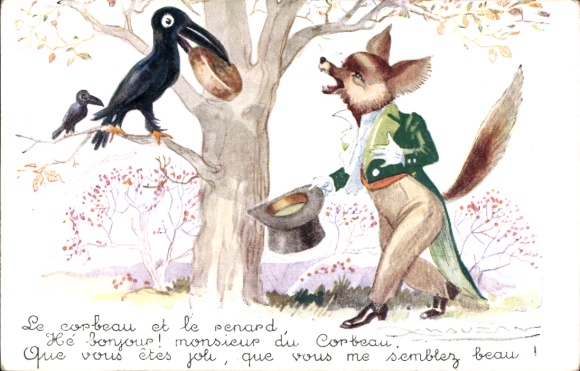 Artist Postcard Mauzan, Le corbeau et le renard, Fox and Raven