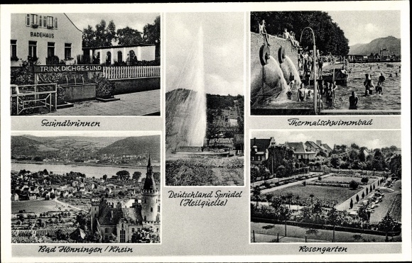 Postcard Bad Hönningen am Rhein, Rhine, panorama, thermal pool, rose garden, Gesundbrunnen