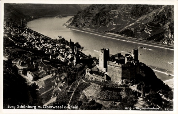 KP Oberwesel am Rhein, zdjęcie lotnicze, zamek Schönburg