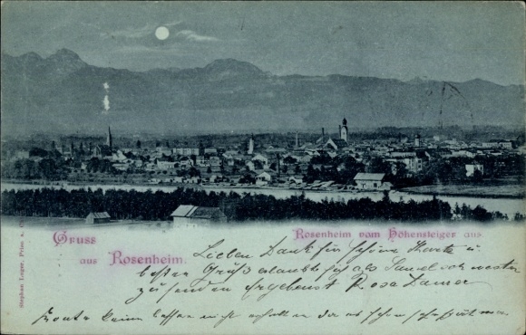 Postcard Rosenheim Upper Bavaria, panoramic view of full moon, text by Rosa Lamar