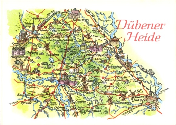 Maps Postcard Bad Düben an der Mulde, Kemberg, Torgau, Laussig