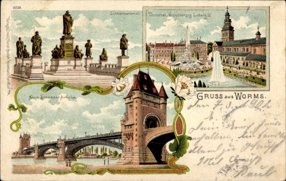 Chromo-Litho Worms on the Rhine, Luther Monument, Road Bridge, Monument to Grand Duke Ludwig IV