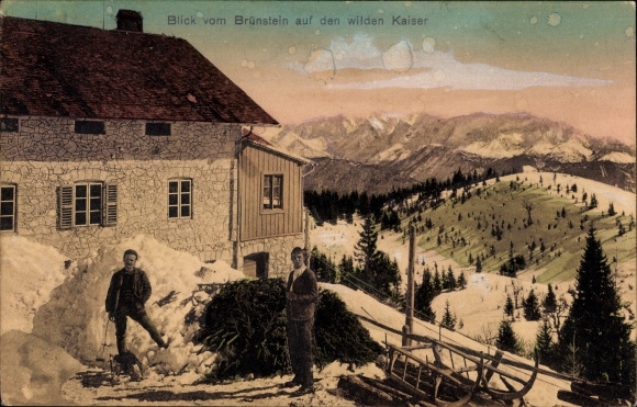 Postcard Oberaudorf in the Rosenheim district of Upper Bavaria, view from Brünnstein to the Wilder Kaiser, sleigh