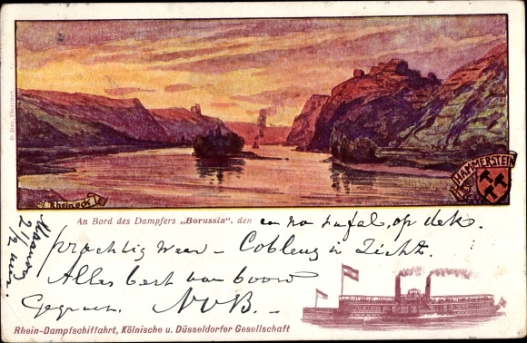 Chromo-Litho Hammerstein am Rhein, Rheineck, Cologne Düsseldorfer Rhine steamer Borussia