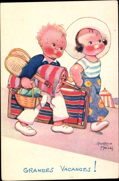 Artist PC Mallet, Beatrice, Grandes Vacances, boy carries luggage, tennis racket