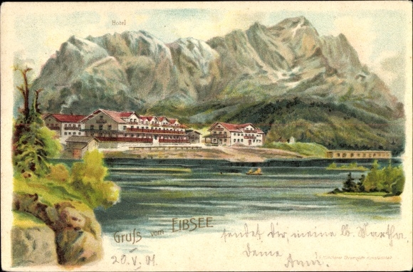 Chromo-Litho Grainau in the district of Garmisch Partenkirchen, view over the Eibsee to the hotel