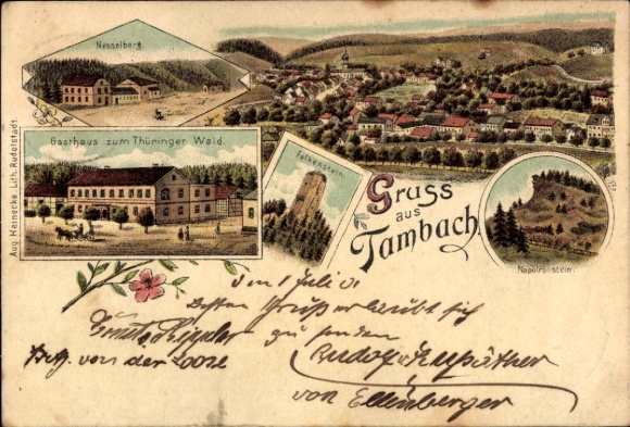 Chromo-Litho Tambach Dietharz in Thuringia, Inn to the Thuringian Forest, Nesselberg, Napoleonstein