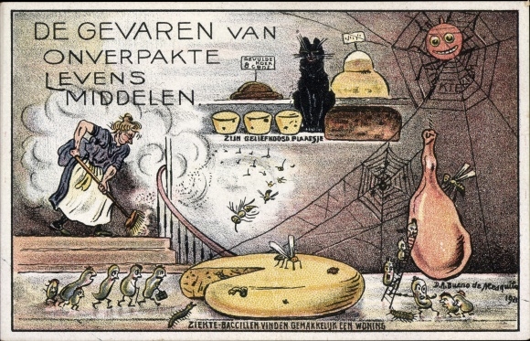 Postcard De gevaren van onverpakte levens middleen, Nederlandsche Vereeniging van Huisvrouwen