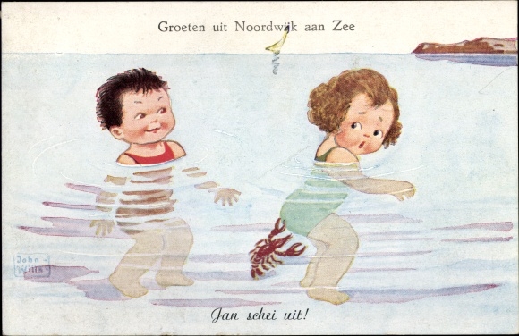 Artist Postcard Wills, John, Noordwijk aan Zee, bathing children, lobster