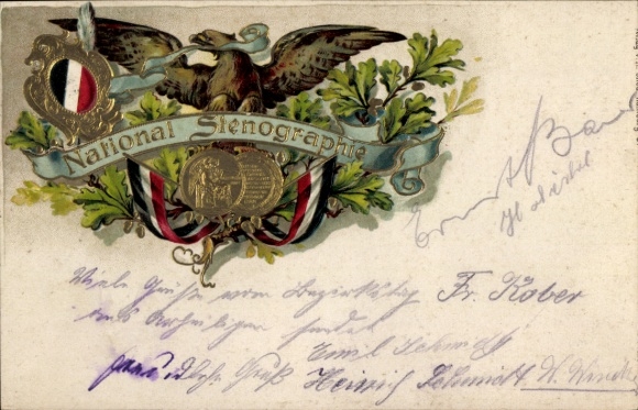 Wapenschild in reliëf Ak National Stenography, Een briljant werk, eenvoudig en populair, adelaar