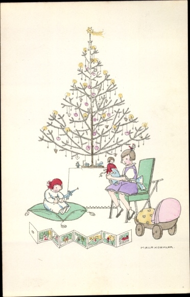 Artist PC Köhler, Mela, Merry Christmas, Christmas tree, children with dolls