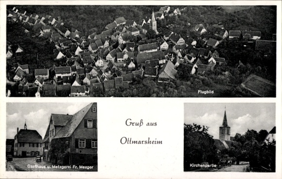 Postcard Ottmarsheim Besigheim am Neckar Württemberg, aerial photograph, Gasthaus Fr. Mezger, church