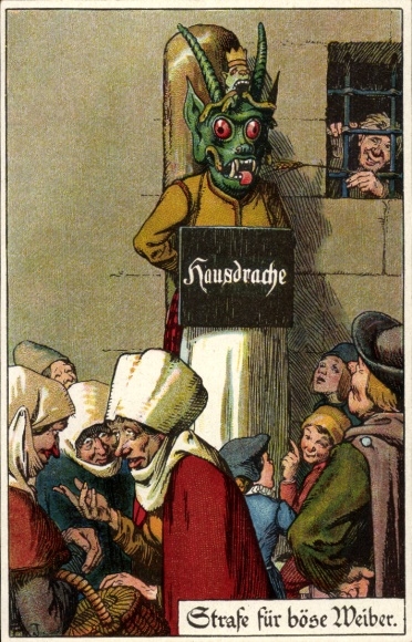 Artist Chromo-Litho Jodolfi, punishment for evil women, domestic dragon, dragon mask, shame post