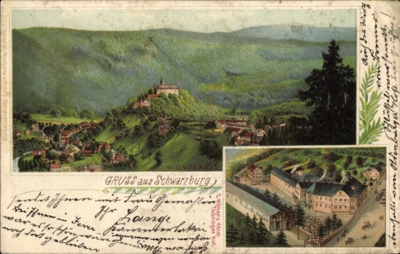 Kunstenaar litho Dutzauer, M., Schwarzburg im Schwarzatal Thüringen, C. Nöller's Hotel Thüringer Hof