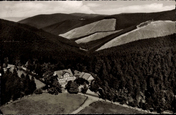 Postcard Goslar in Lower Saxony, mountain inn "zum Auerhahn", aerial photo